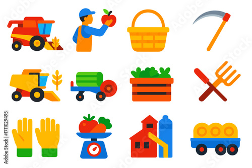 Modern Harvest Icons. Flat vector icons of harvesting process: grain harvester, fruit picker, harvesting basket, scythe, combine,