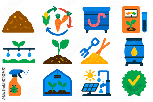 Organic Farming Icons. Flat vector icons of organic farming: compost pile, crop rotation diagram, worm composting bin, soil