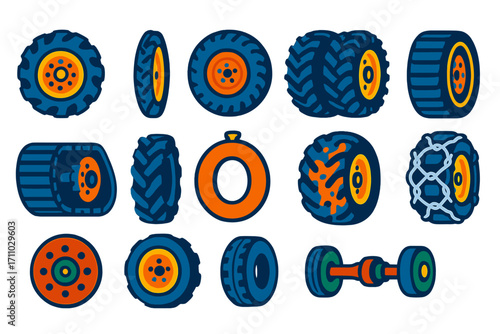 Tractor Tire Icons. Flat vector icons of tractor tires and tracks: large rear tire, narrow front tire, all-terrain tire, dual