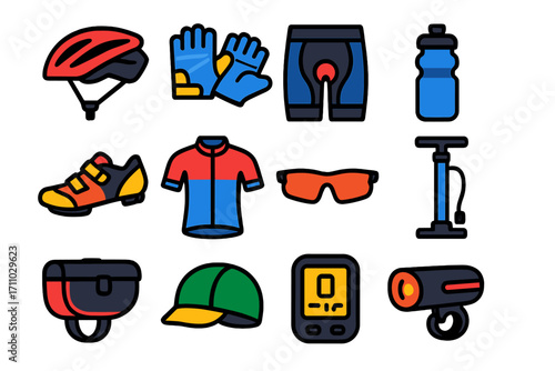 Cycling Gear Icons. Flat vector icons of cycling gear: road bike helmet, cycling gloves, padded shorts, water bottle, cleat shoes,