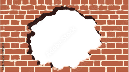 Broken Brick wall with white Hole. A Brick wall with a large hole in the center. Vector Illustration.