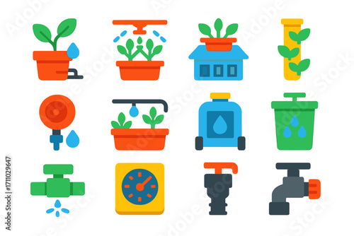 Urban Farm Irrigation Icons. Flat vector icons of irrigation for urban farms: balcony drip kit, rooftop spray system, vertical
