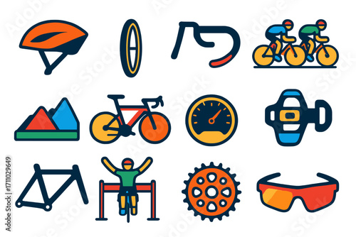 Modern Cycling Icons. Flat vector icons of road cycling: aero helmet, thin tire, drop bars, paceline group, elevation chart, time