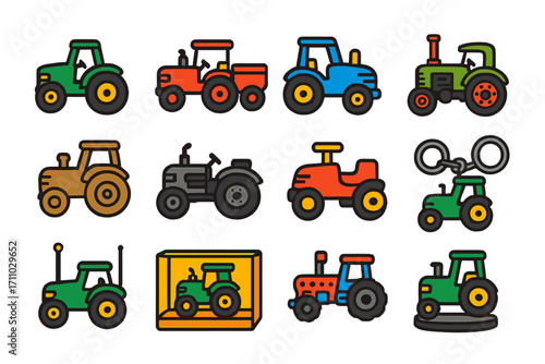 Toy Tractor Icons. Flat vector icons of toy tractors and collectibles: mini green tractor, red toy with trailer, blue plastic