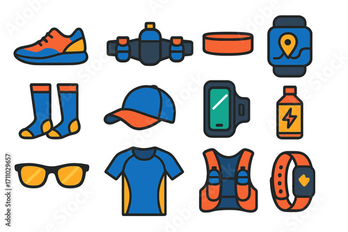 Running Gear Icons. Flat vector icons of running gear: running shoes, water bottle belt, sweatband, GPS watch, compression socks,