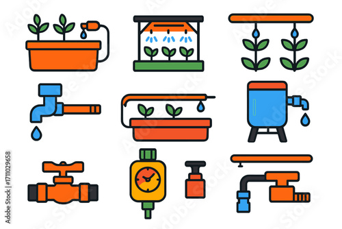 Urban Farm Irrigation Icons. Flat vector icons of irrigation for urban farms: balcony drip kit, rooftop spray system, vertical