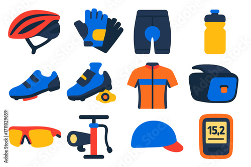 Cycling Gear Icons. Flat vector icons of cycling gear: road bike helmet, cycling gloves, padded shorts, water bottle, cleat shoes,