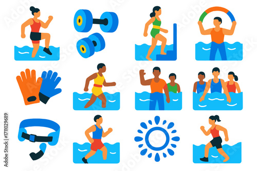 Aqua Fitness Icons. Flat vector icons of aqua fitness: water aerobics move, aqua dumbbells, shallow water steps, pool noodle lift,
