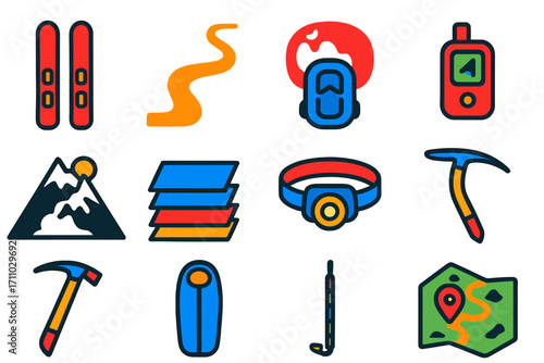 Backcountry Skiing Essentials. Flat vector icons of backcountry skiing: touring skis, skin trail, avalanche pack, GPS tracker,