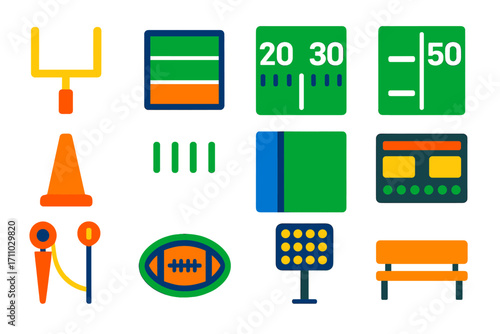 Football Field Icons. Flat vector icons of football field elements: goalpost, end zone, yard line markers, 50-yard line, pylon