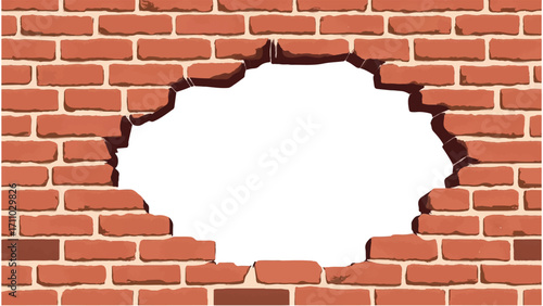 Broken Brick wall with white Hole. A Brick wall with a large hole in the center. Vector Illustration.