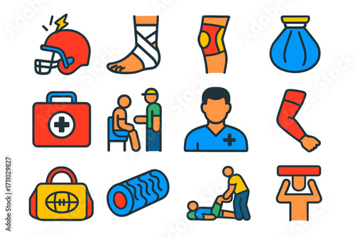 Football Injury Icons. Flat vector icons of football injuries and safety: concussion helmet, ankle wrap, knee brace, ice bag,