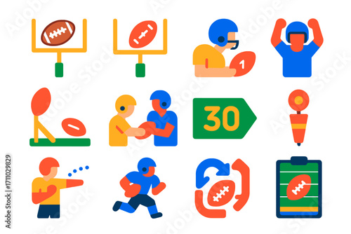 Football Stats Icons. Flat vector icons of football scoring and stats: touchdown icon, field goal, safety score, extra point,