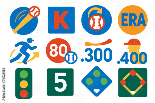 Baseball Stat Icons. Flat vector icons of baseball stats and scoreboard symbols: home run icon, strikeout K, RBI icon, ERA stat,