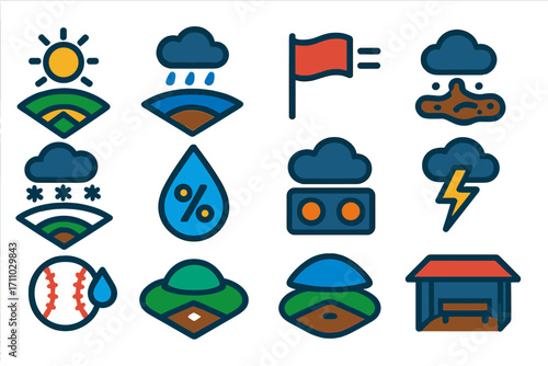 Baseball Weather Icons. Flat vector icons of baseball weather and conditions: sunny field, rainy tarp, muddy basepath, cloudy sky,