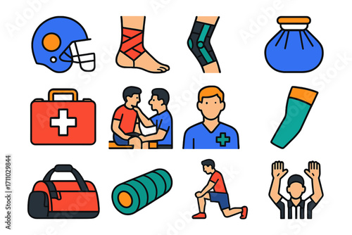 Football Injury Icons. Flat vector icons of football injuries and safety: concussion helmet, ankle wrap, knee brace, ice bag,