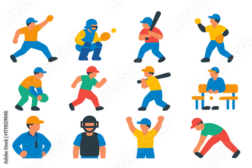 Vibrant Baseball Icons. Flat vector icons of baseball players: pitcher, catcher, batter, outfielder, infielder, base runner,