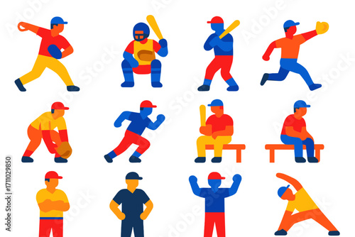 Vibrant Baseball Icons. Flat vector icons of baseball players: pitcher, catcher, batter, outfielder, infielder, base runner,