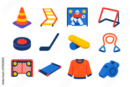 Hockey Training Icons. Flat vector icons of hockey training tools: cone drill, skating ladder, shooting tarp, passing rebounder,