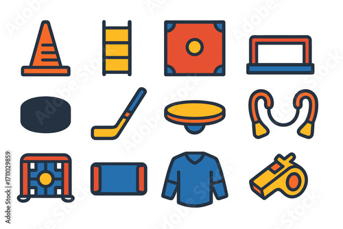 Hockey Training Icons. Flat vector icons of hockey training tools: cone drill, skating ladder, shooting tarp, passing rebounder,