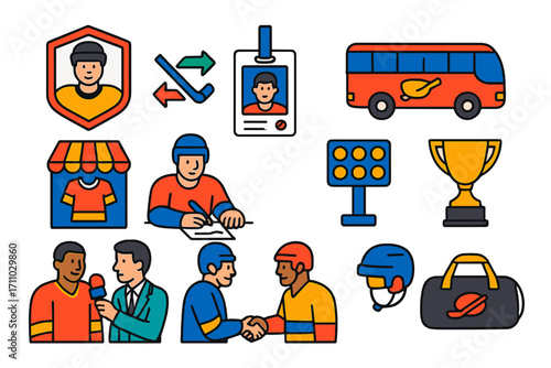 Hockey Icon Set. Flat vector icons of professional hockey: draft pick, trade icon, media badge, team bus, fan gear shop, player
