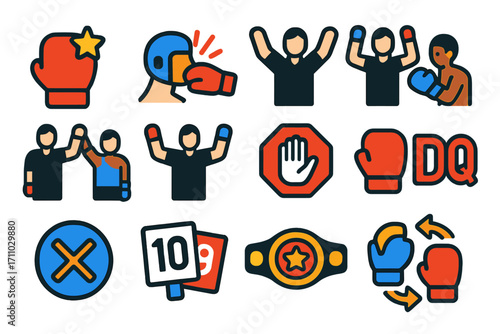 MMA Fight Icons. Flat vector icons of MMA fight results and decisions: KO icon, TKO icon, submission tap, unanimous decision,