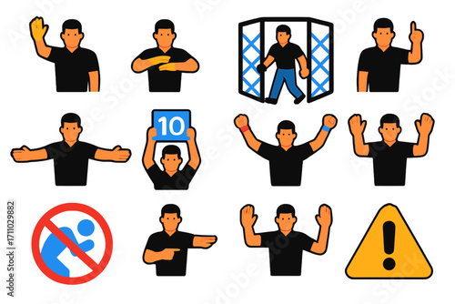 MMA Referee Icons. Flat vector icons of MMA referee and judging: referee raise hand, break motion, cage entry, foul call, time out