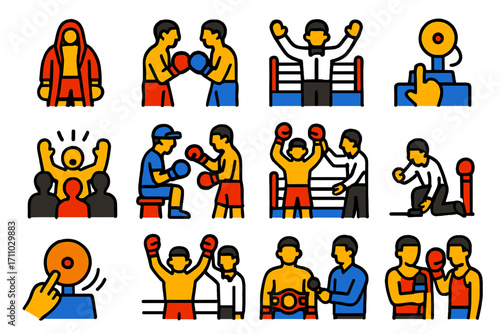 Boxing Icon Set. Flat vector icons of boxing competition scenes: fighter entrance, glove touch, referee in ring, opening bell,