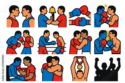 Famous Boxing Icons. Flat vector icons of famous boxing moments (generic, not IP): stare down, opening bell, glove touch, powerful