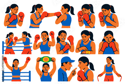 Women's Boxing Icons. Flat vector icons of women’s boxing: female boxer stance, ponytail in gloves, uppercut punch, defensive
