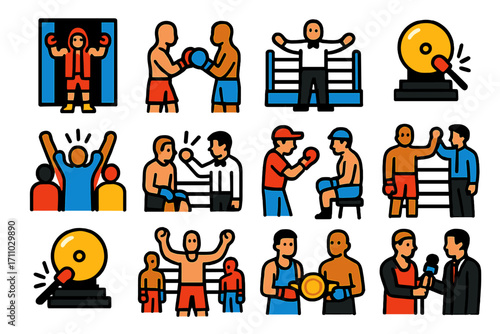 Boxing Icon Set. Flat vector icons of boxing competition scenes: fighter entrance, glove touch, referee in ring, opening bell,