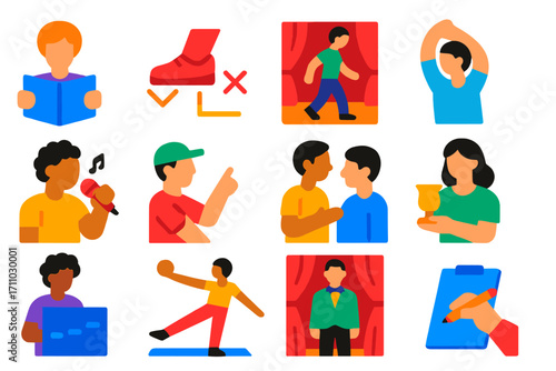 Theater Rehearsal Icons. Flat vector icons of theater rehearsal: script reading, blocking marks, stage walk-through, warm-up