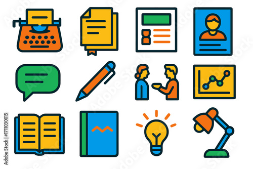 Playwright Tools Icons. Flat vector icons of playwright and script tools: typewriter, script stack, scene breakdown, character