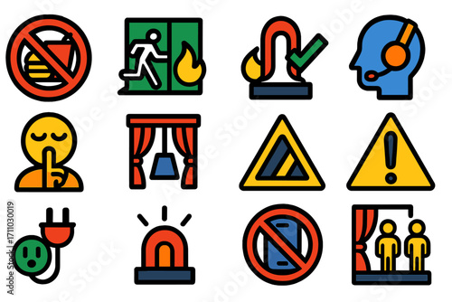 Theater Safety Icons. Flat vector icons of theater safety and backstage rules: no food sign, fire exit, prop safety check, headset