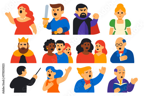 Opera Character Icons. Flat vector icons of opera characters and roles: soprano diva, tenor hero, baritone villain, mezzo-soprano