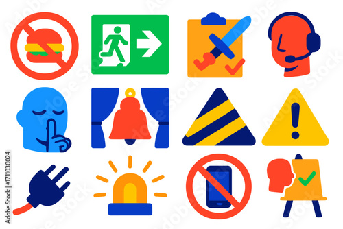 Theater Safety Icons. Flat vector icons of theater safety and backstage rules: no food sign, fire exit, prop safety check, headset