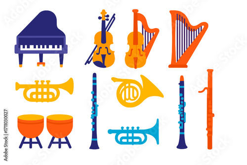 Opera Instrument Icons. Flat vector icons of opera instruments: grand piano, violin, cello, harp, trumpet, oboe, French horn,