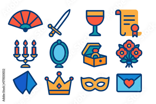 Opera Themed Icons. Flat vector icons of opera props: fan accessory, antique sword, wine goblet, letter scroll, candelabra, mirror