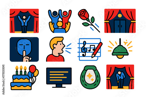 Opera Tradition Icons. Flat vector icons of opera traditions and symbols: curtain call, standing ovation, rose toss, opening night