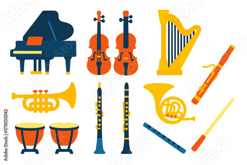 Opera Instrument Icons. Flat vector icons of opera instruments: grand piano, violin, cello, harp, trumpet, oboe, French horn,