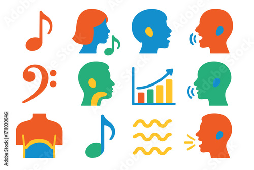 Opera Vocal Icons. Flat vector icons of opera vocal ranges: soprano note, mezzo-soprano icon, alto voice, tenor voice, baritone