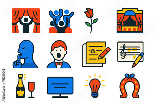 Opera Tradition Icons. Flat vector icons of opera traditions and symbols: curtain call, standing ovation, rose toss, opening night