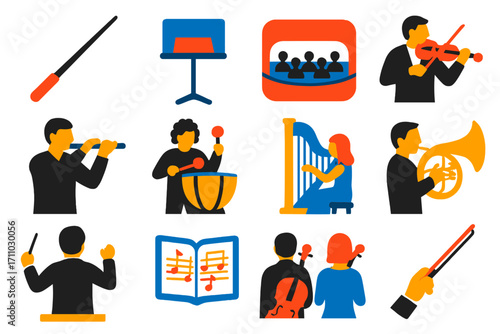 Orchestra Icon Set. Flat vector icons of opera conductor and orchestra: conductor baton, music stand, orchestral pit, violinist,
