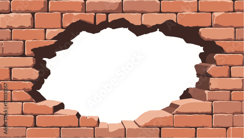 Broken Brick wall with white Hole. A Brick wall with a large hole in the center. Vector Illustration.