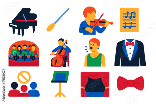 Classical Concert Icons. Flat vector icons of classical concerts: grand piano, conductor baton, violinist, sheet music, orchestra