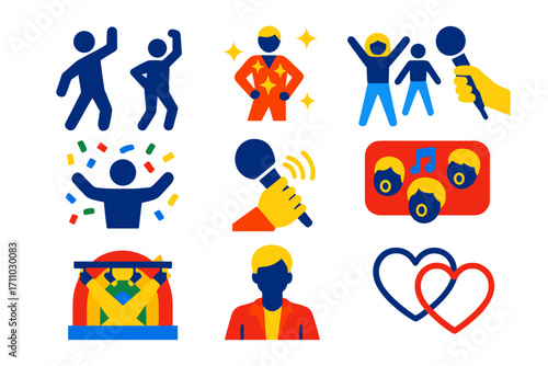 Pop Concert Icons. Flat vector icons of pop concerts: dance move, sparkling costume, backup dancers, confetti shower, hit song