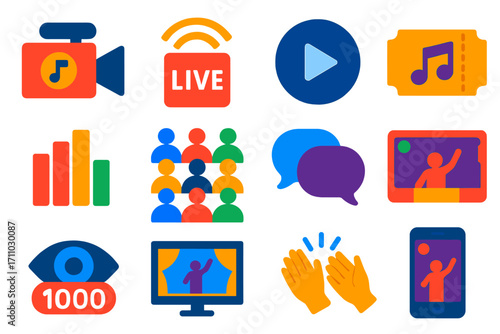Live Concert Icons. Flat vector icons of live concert streaming: live camera, streaming icon, play button, virtual ticket, audio
