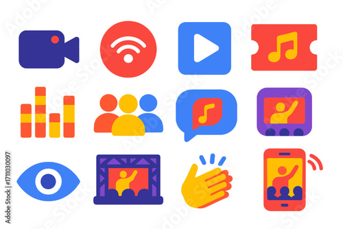 Live Concert Icons. Flat vector icons of live concert streaming: live camera, streaming icon, play button, virtual ticket, audio