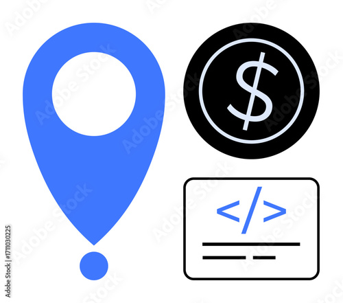 Blue location pin, dollar sign in a circle, and coding tag outline. Ideal for themes thumbs up location, finance, technology, programming, e-commerce app development user interface. Simple flat