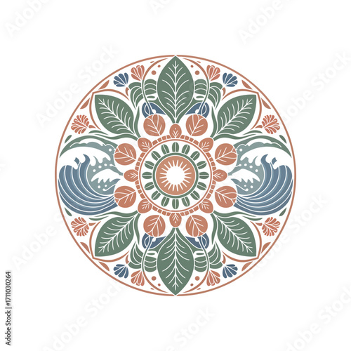 Circular floral wave pattern in muted earth tones with sunburst center mandala flower